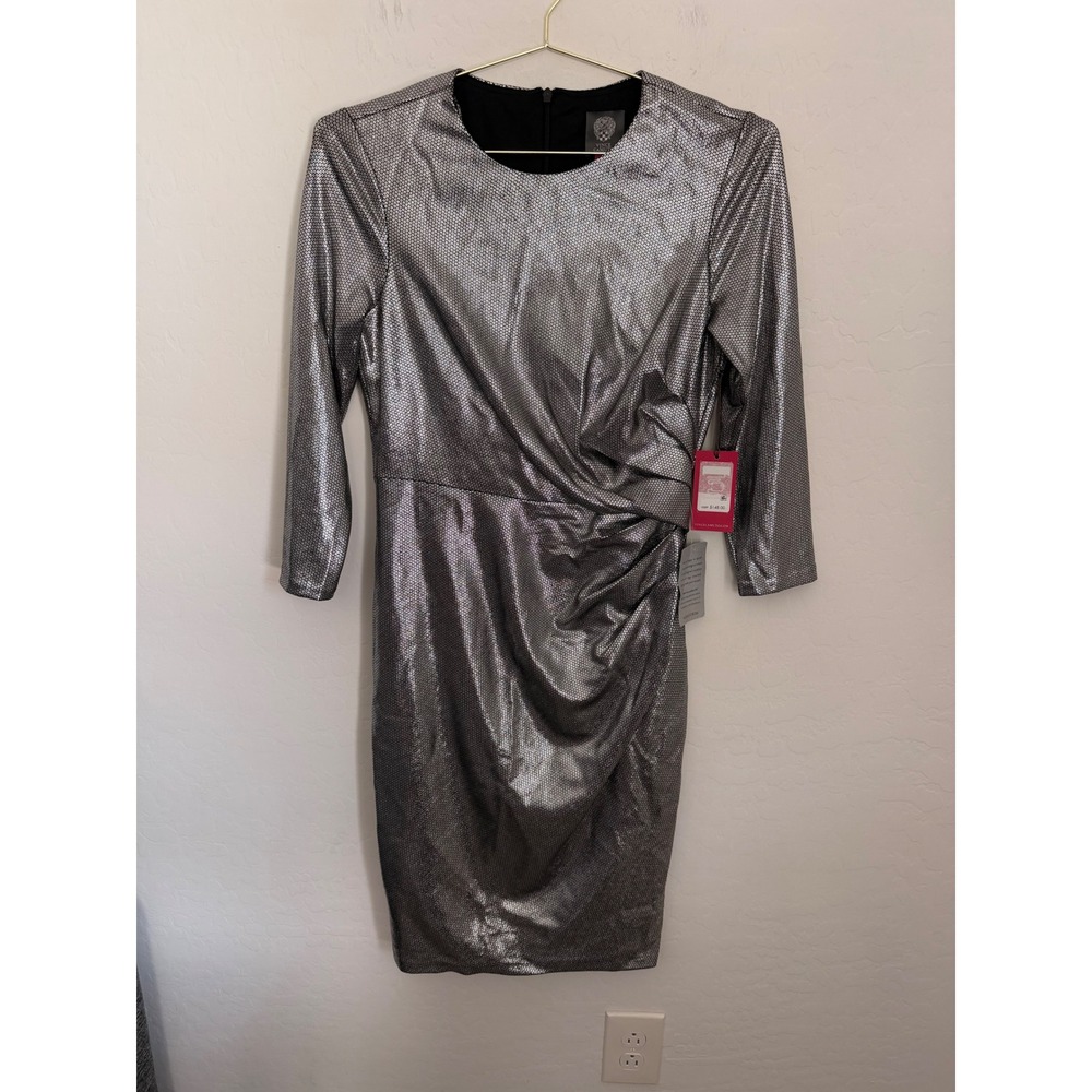 Vince Camuto Silver Metallic Ruched Sheath Party Dress 3/4 Sleeve Size 6 NWT